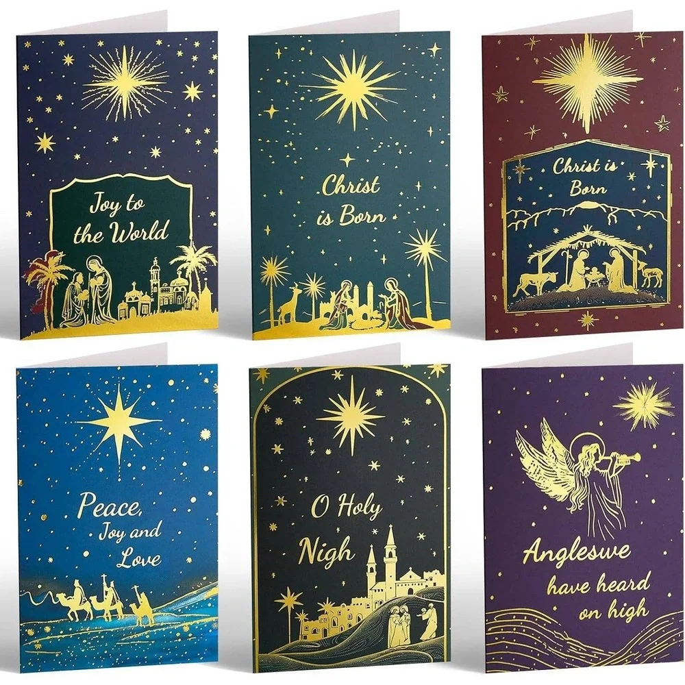 Christmas Cards Nativity Scene‎ Angel Gold Foil Joy to World Peace Love Messages